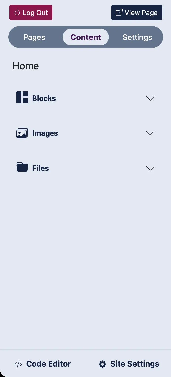 The CMS sidebar, with Code Editor and Site Settings pinned at the bottom
